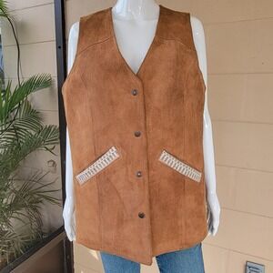 Golden Pioneer Wear Suede Jacket VTG 80s Women's 14 Leather Vest Tan Yei Blanket
